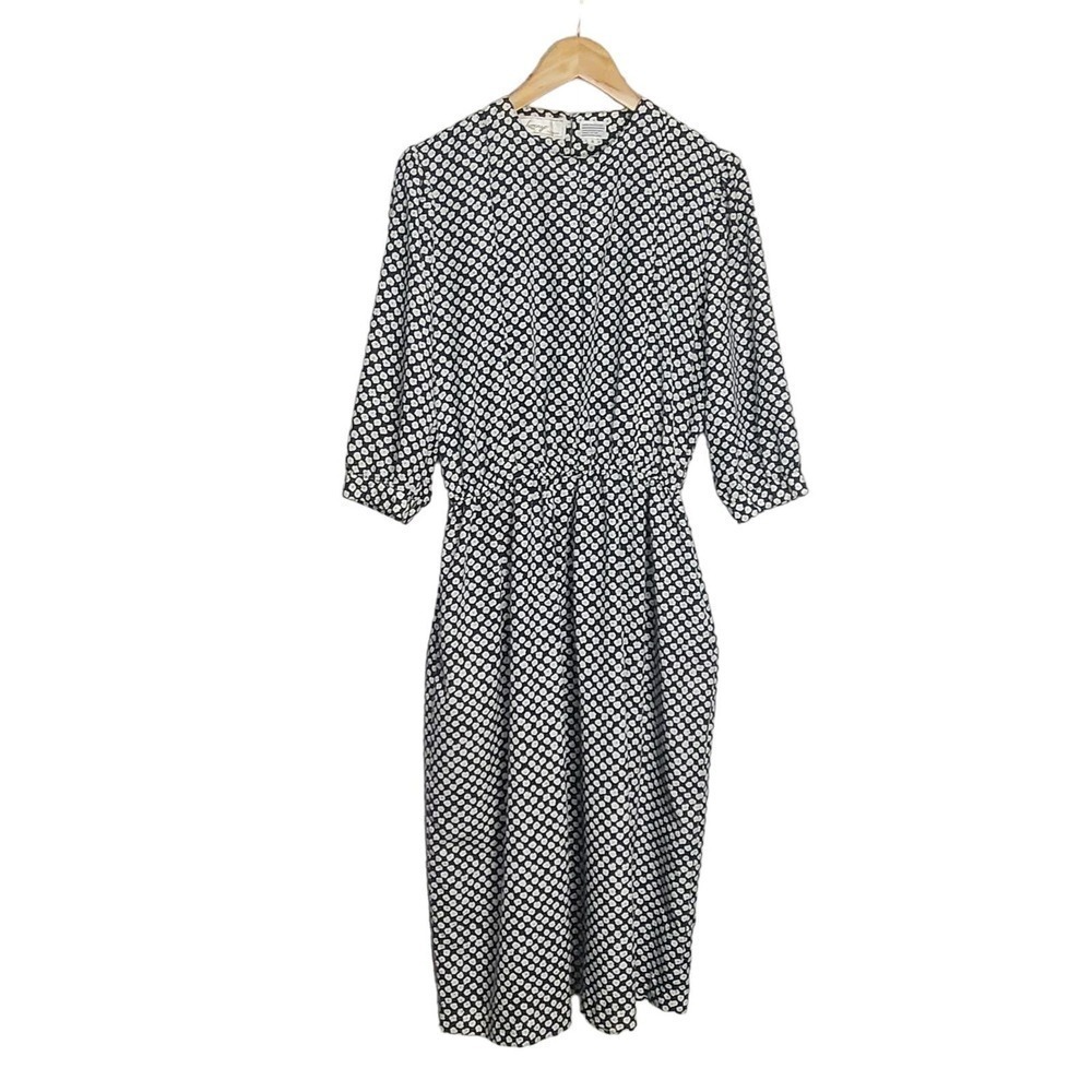 Vintage 80s Shirt Dress Womens Size Large Blue Micro Floral Long Sleeve Midi